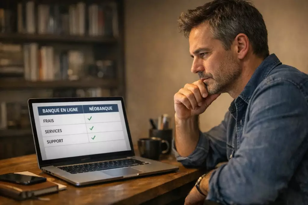 Banque en ligne ou néobanque : Un homme analyse un tableau comparatif entre banque en ligne et néobanque sur son ordinateur
