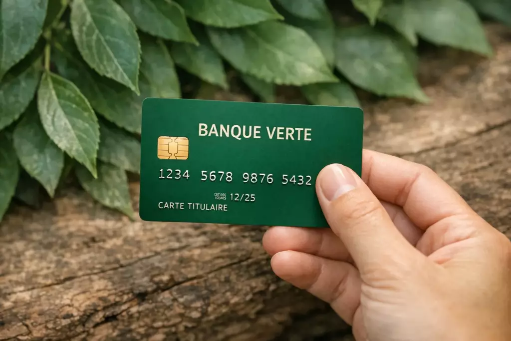banque éthique : une carte bancaire verte portant la mention banque verte posée sur des feuilles naturelles