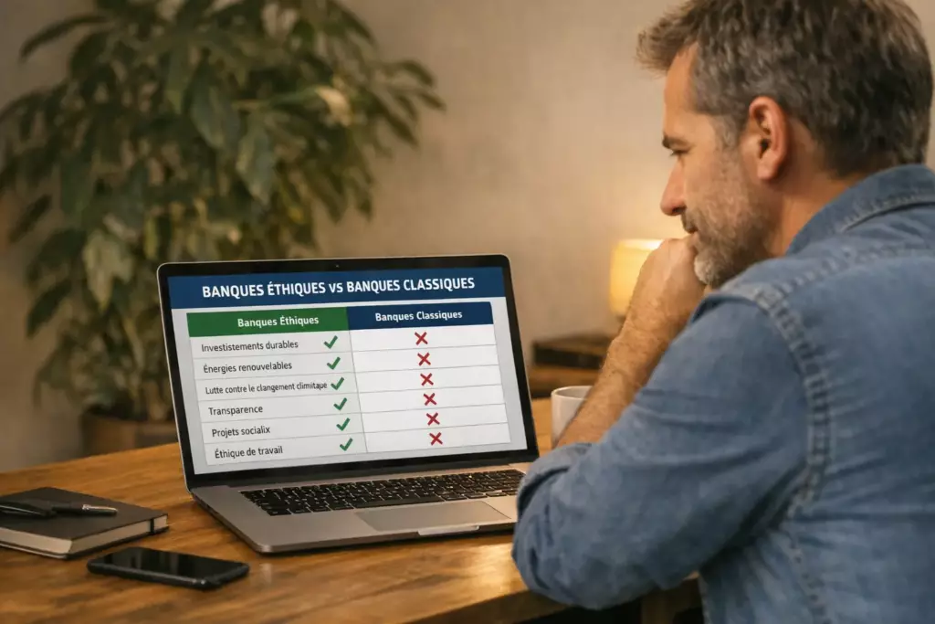 banque éthique : un homme compare des banques éthiques et classiques sur son ordinateur selon des critères environnementaux