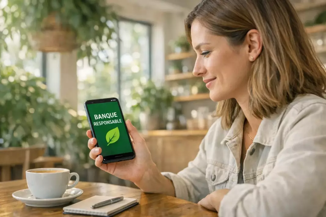 banque éthique : une femme consulte une application de banque responsable dans un café végétalisé