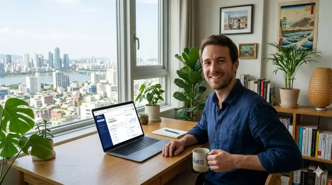 banque pour expatrié : expatrié gérant son compte français sur laptop depuis appartement à l'étranger