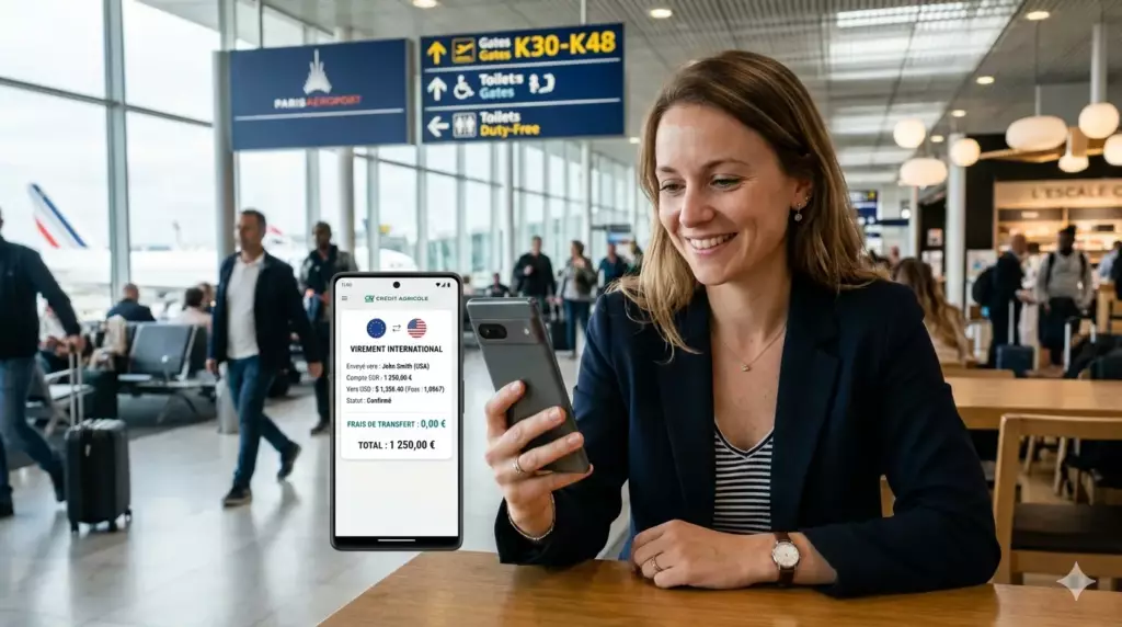 banque pour expatrié : application mobile affichant virement international multi-devises