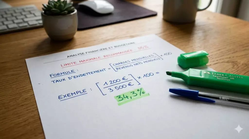 calcul taux endettement : formule de calcul avec exemple chiffré sur document bancaire