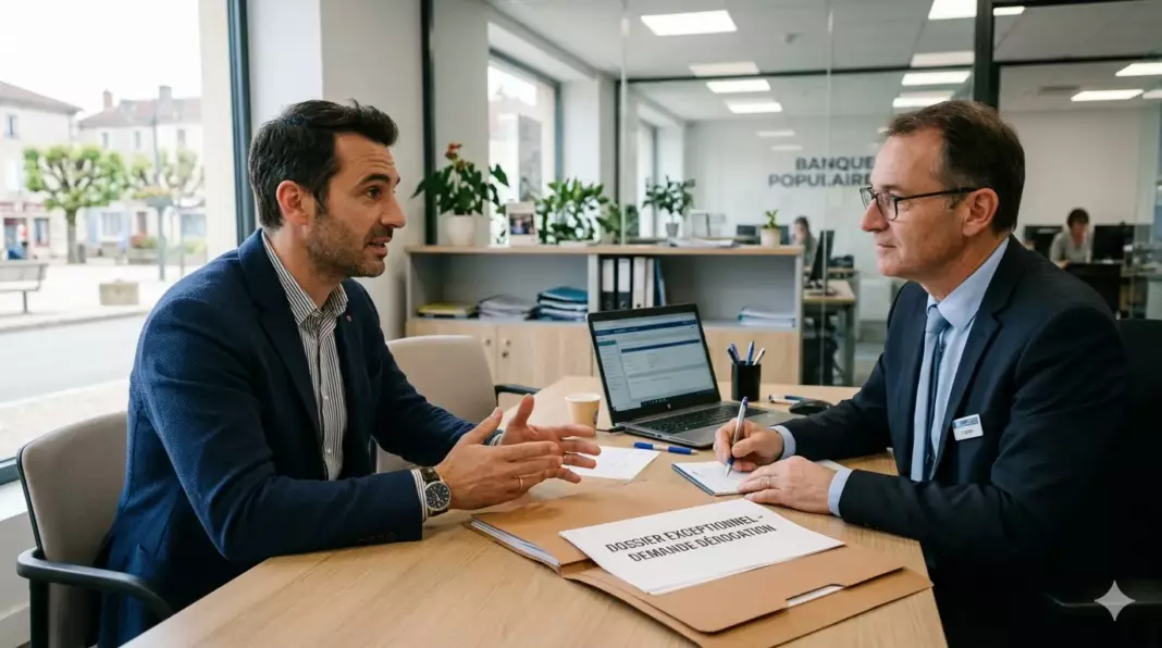 calcul taux endettement : réunion banquier client avec dossier dérogation taux endettement