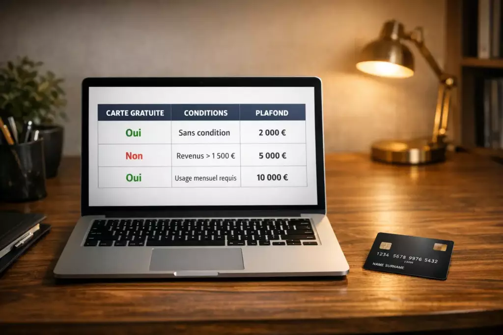 carte bancaire gratuite 2026 : un ordinateur affiche un tableau comparatif des meilleures cartes bancaires gratuites en 2026