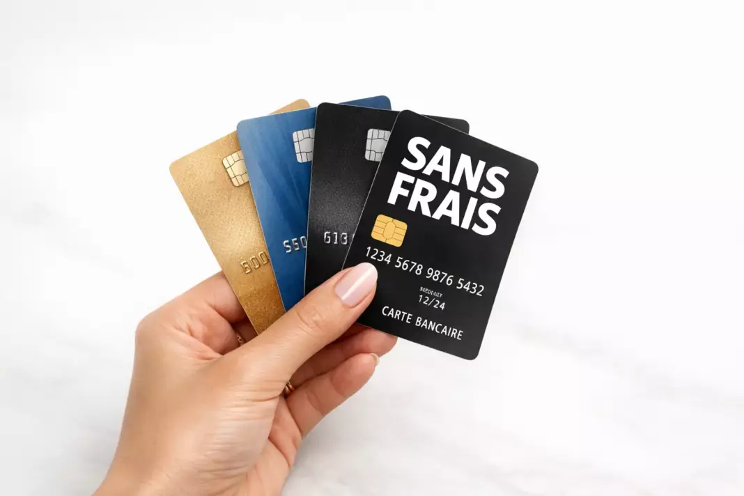 carte bancaire gratuite 2026 : une main tient plusieurs cartes bancaires gratuites en éventail sur fond épuré