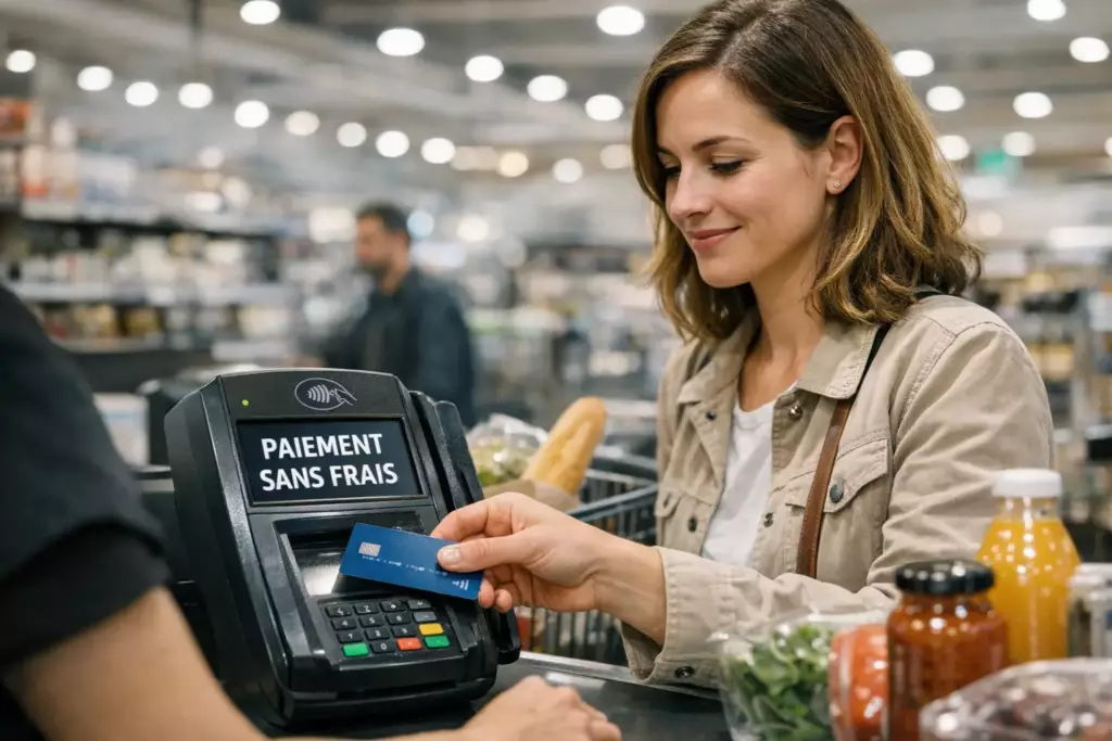 carte bancaire gratuite 2026 : une femme paie ses courses sans frais au supermarché avec sa carte bancaire gratuite
