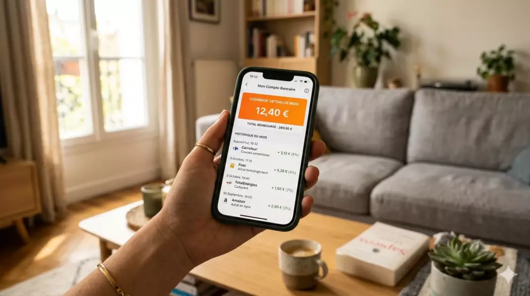 cashback banque en ligne : application affichant cashback obtenu sur dépenses récentes