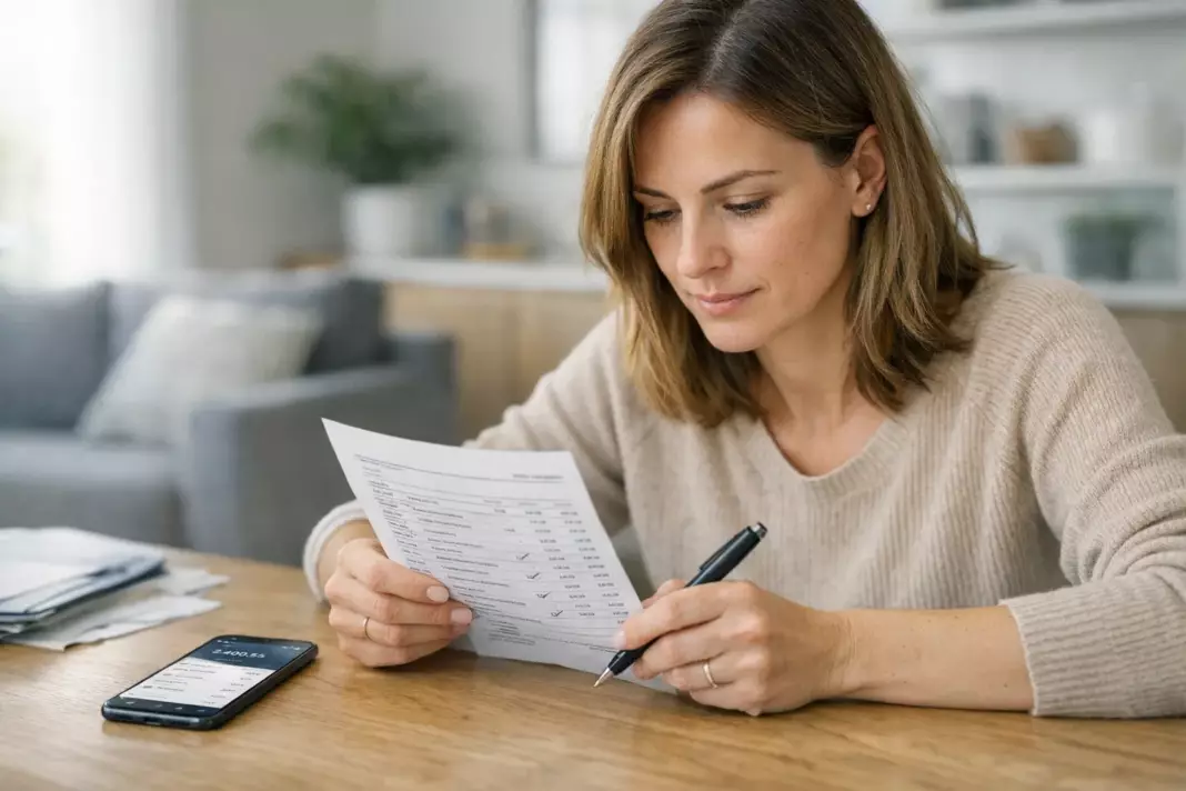 comprendre relevé de compte : une femme annote son relevé de compte bancaire papier avec un stylo