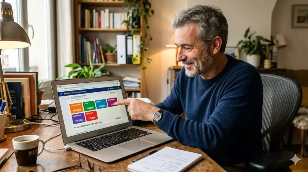 comprendre relevé de compte : un homme analyse les catégories de dépenses de son relevé en ligne sur ordinateur
