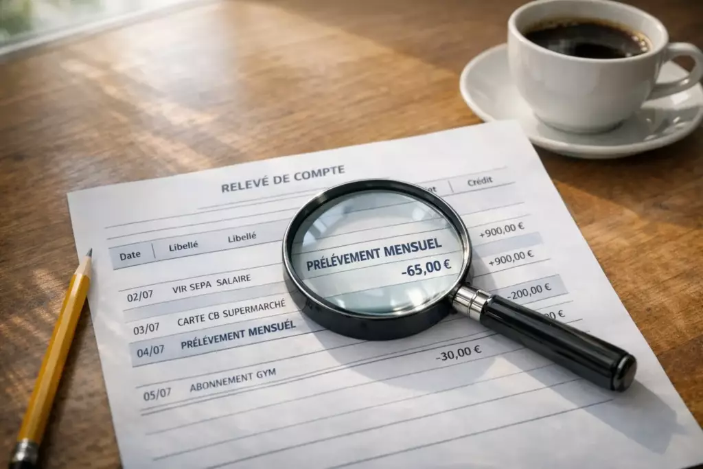 comprendre relevé de compte : une loupe agrandit la ligne prélèvement mensuel sur un relevé de compte bancaire