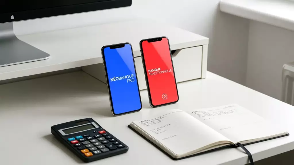 compte pro auto entrepreneur neobanque : deux smartphones affichant une néobanque pro et une banque traditionnelle posés côte à côte sur un bureau