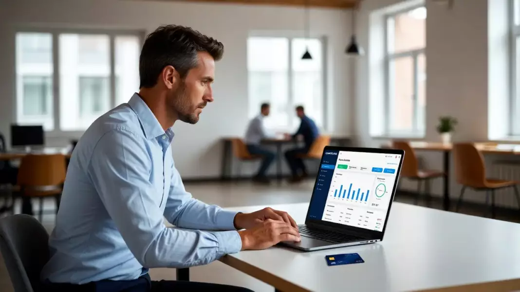 compte pro auto entrepreneur neobanque : un auto-entrepreneur consulte son tableau de bord bancaire professionnel en coworking