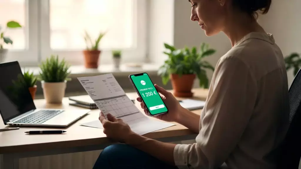 compte pro auto entrepreneur neobanque : une freelance vérifie un virement client reçu sur son application bancaire professionnelle