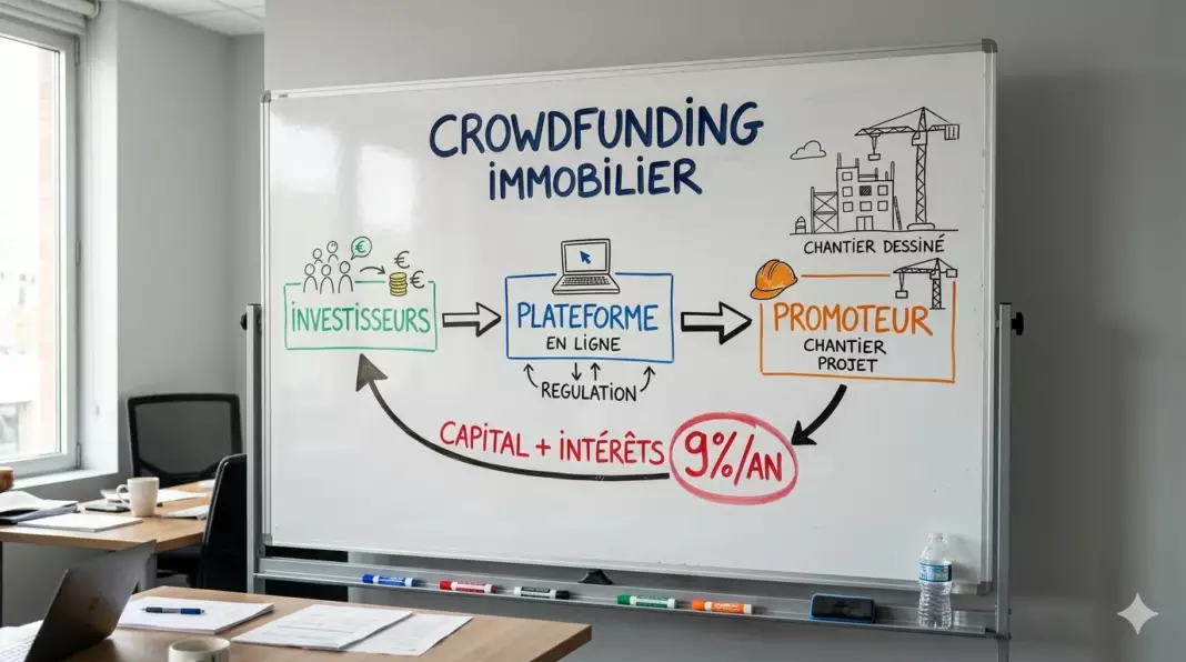 crowdfunding immobilier risque : schéma flux entre investisseurs plateforme et promoteur