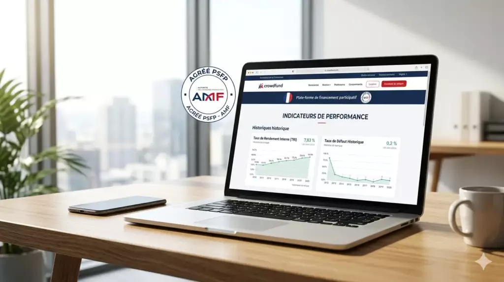 crowdfunding immobilier risque : logos plateformes réglementées PSFP AMF affichés