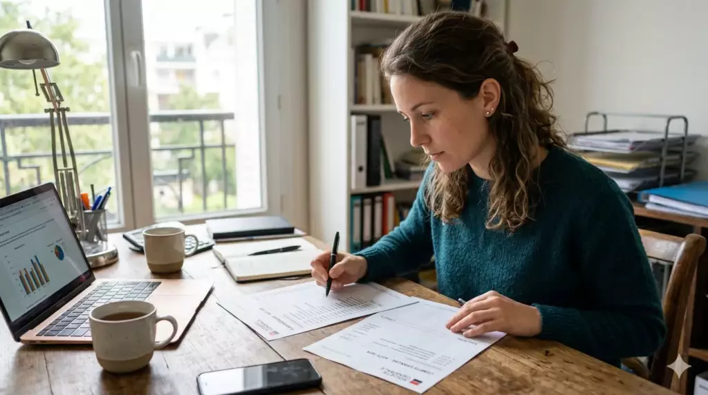debit immediat ou differe : femme comparant relevés débit immédiat et différé pour son budget