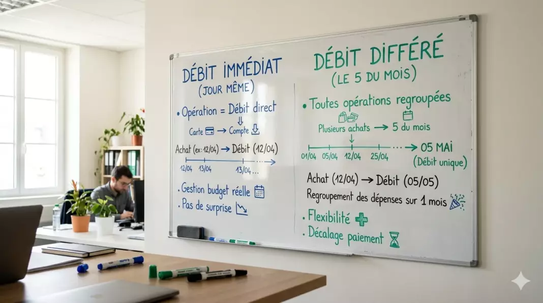 debit immediat ou differe : schéma comparant débit instantané versus débit mensuel