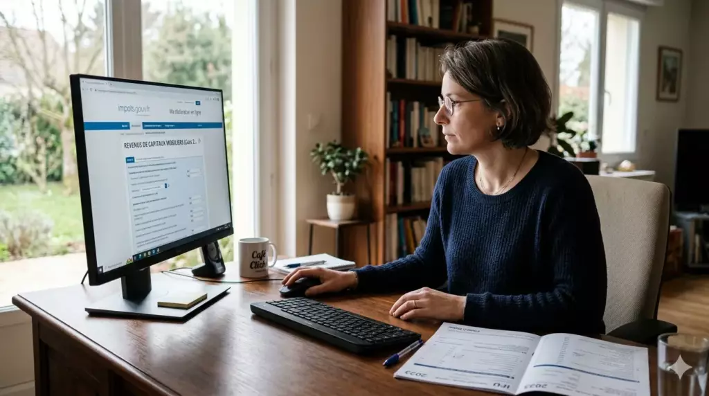 fiscalite etf actions france : contribuable remplissant déclaration revenus de capitaux mobiliers