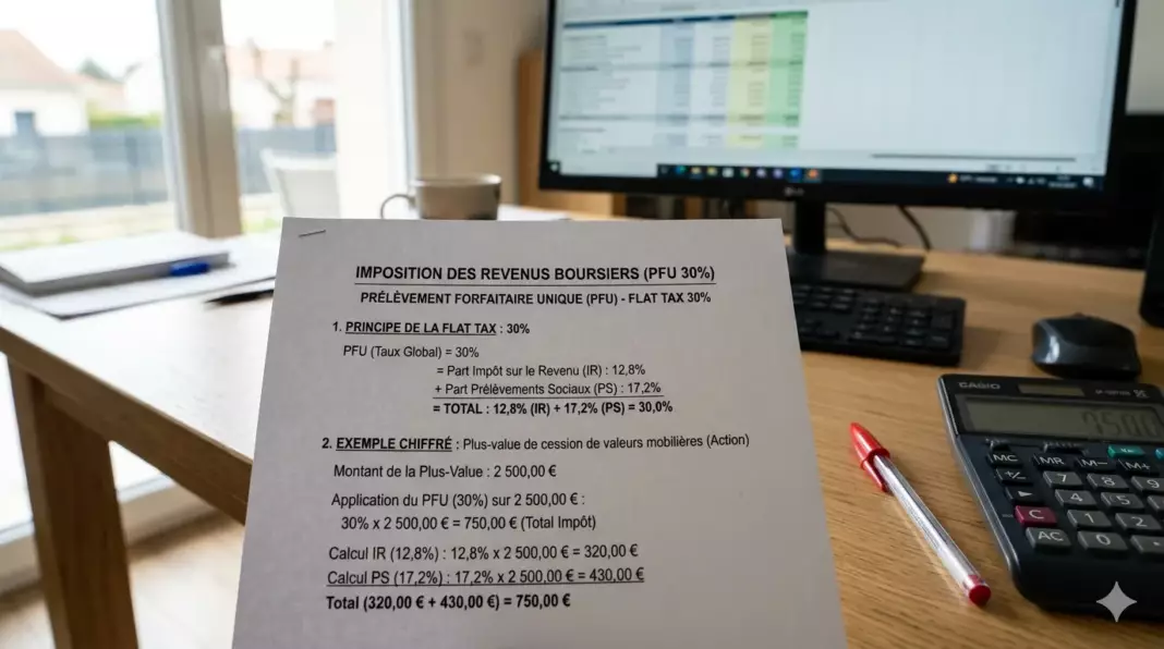 fiscalite etf actions france : document fiscal avec calcul flat tax 30% sur plus-value