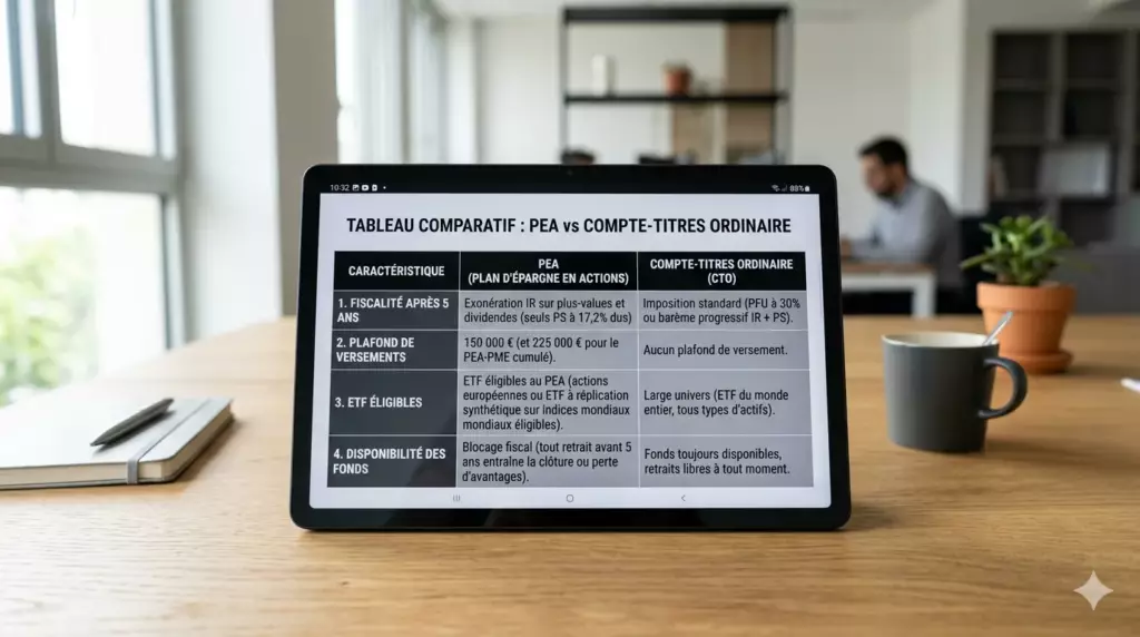 fiscalite etf actions france : comparaison PEA exonéré versus compte-titres imposé