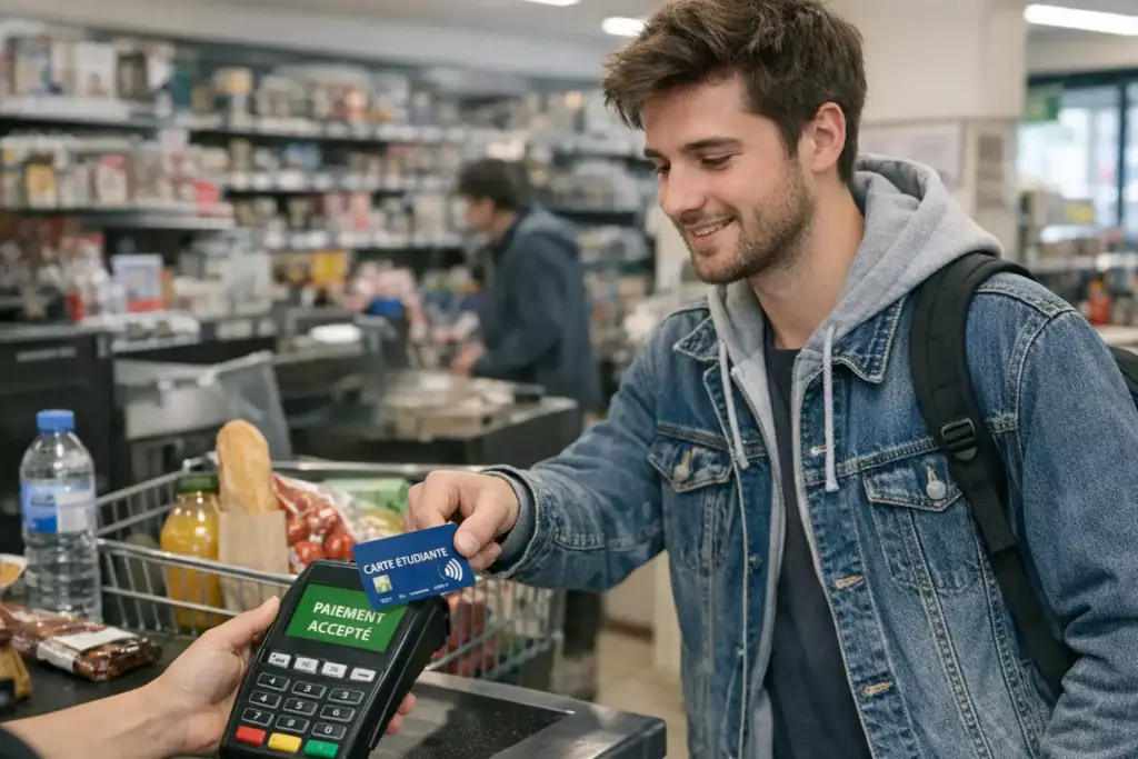meilleure banque etudiant : un étudiant paie ses courses avec sa carte bancaire étudiante sans contact
