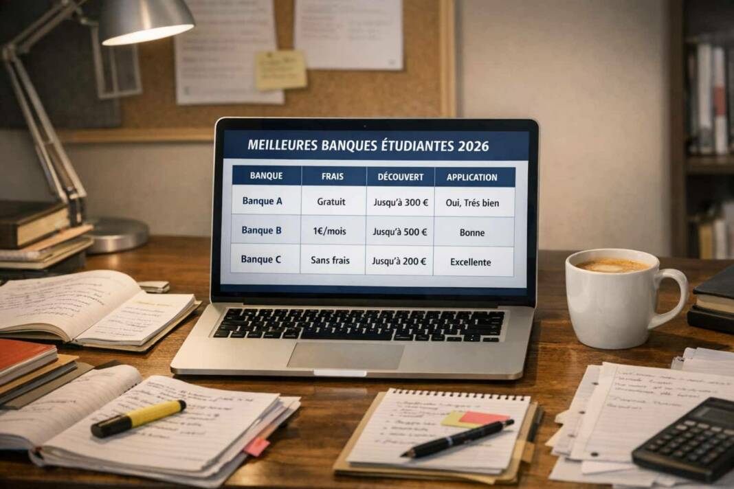 meilleure banque etudiant : un ordinateur affiche un comparatif des meilleures banques étudiantes 2026 sur un bureau d'étudiant