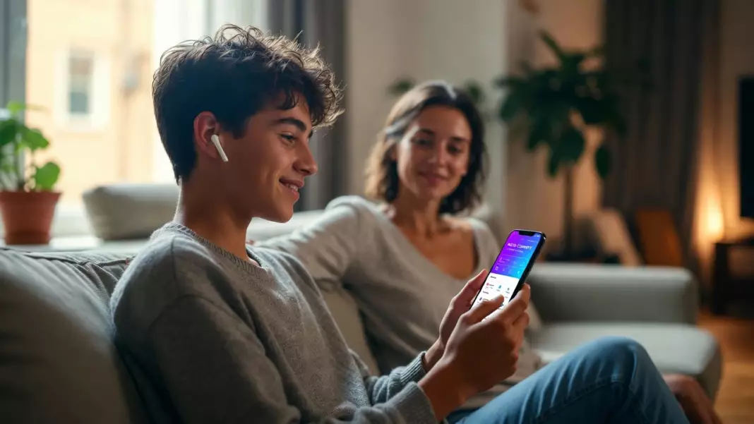 neobanque ado : un adolescent et son parent découvrent ensemble une application de néobanque sur smartphone