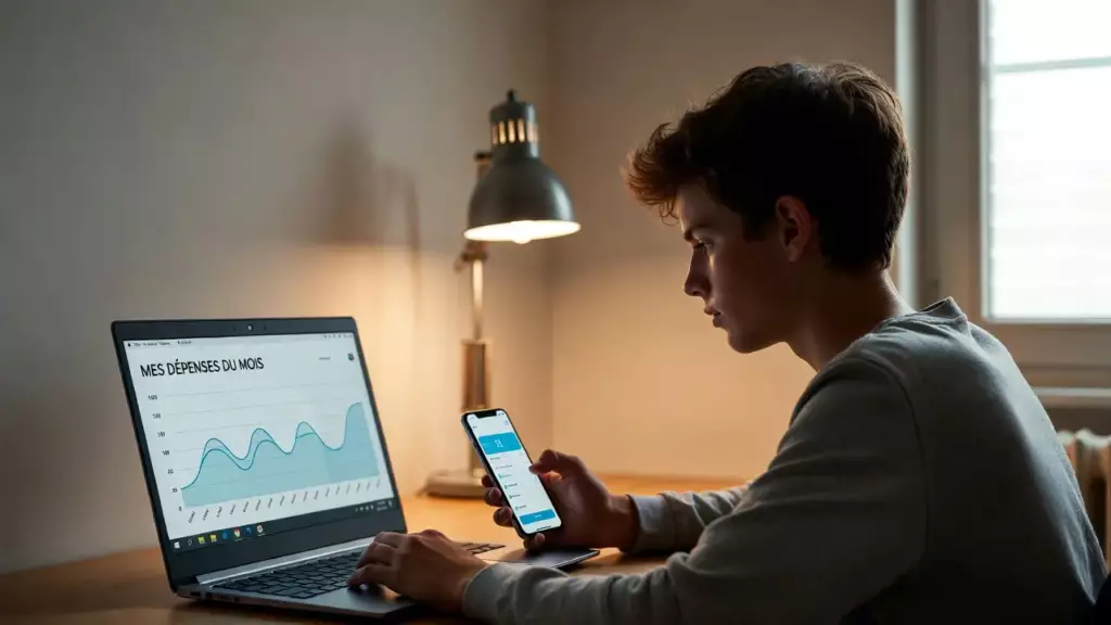 neobanque ado : un adolescent consulte l'historique de ses dépenses sur l'application de sa néobanque