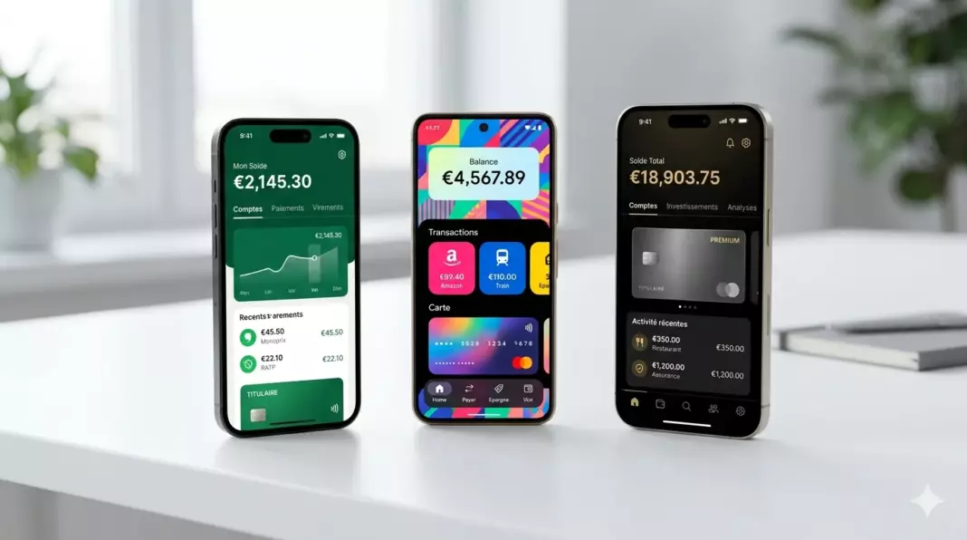 neobanques francaises 2026 : applications de néobanques françaises sur smartphones côte à côte