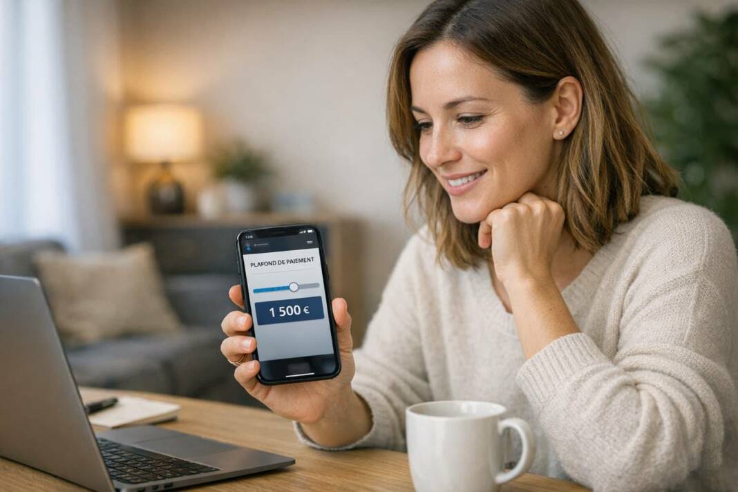 plafond neobanque : une femme règle son plafond de paiement sur l'application mobile de sa néobanque