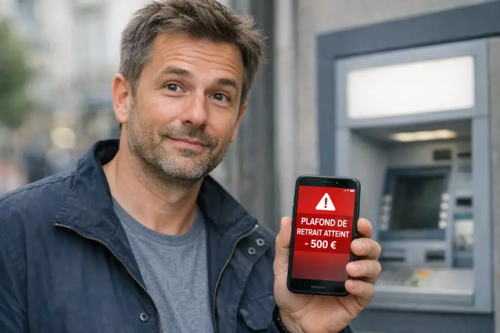 plafond neobanque : un homme reçoit une notification de plafond de retrait atteint devant un distributeur de billets