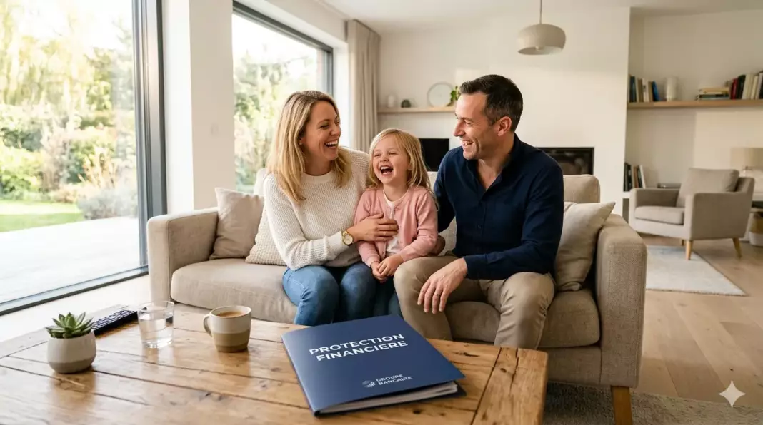assurance crédit renouvelable : une famille souriante dans un salon sécurisée par sa protection financière