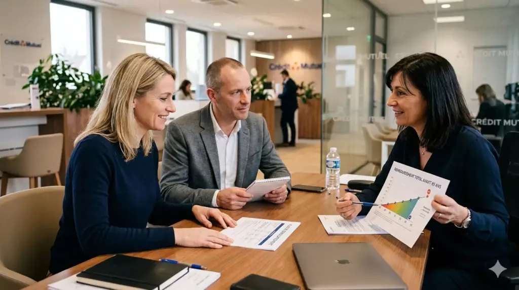 duree credit immobilier 2026 : couple consultant conseiller pour choisir durée crédit