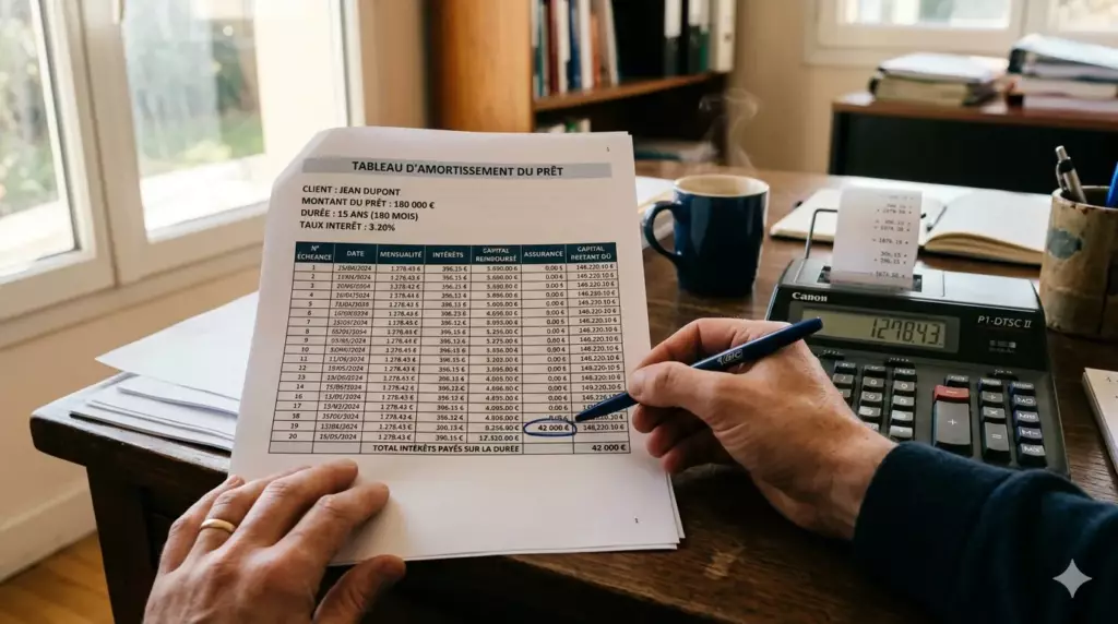 duree credit immobilier 2026 : calculatrice et amortissement montrant coût total des intérêts
