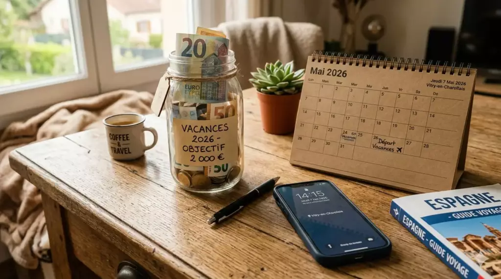 epargne court terme : bocal d'épargne étiqueté projet vacances avec billets