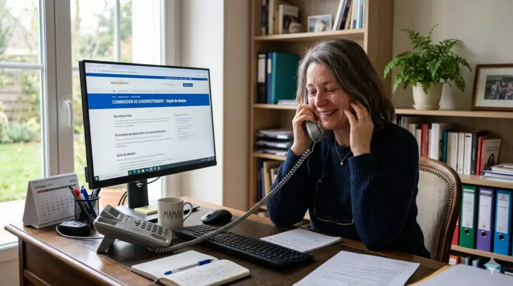 eviter surendettement credit conso : personne au téléphone avec conseiller Banque de France