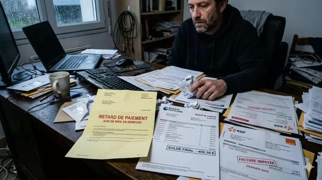 eviter surendettement credit conso : pile de factures et relevés négatifs sur bureau