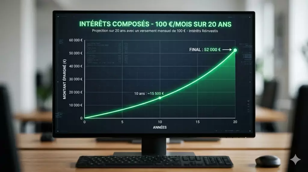investir petit capital : graphique exponentiel montrant croissance de 100 euros mensuels sur 20 ans