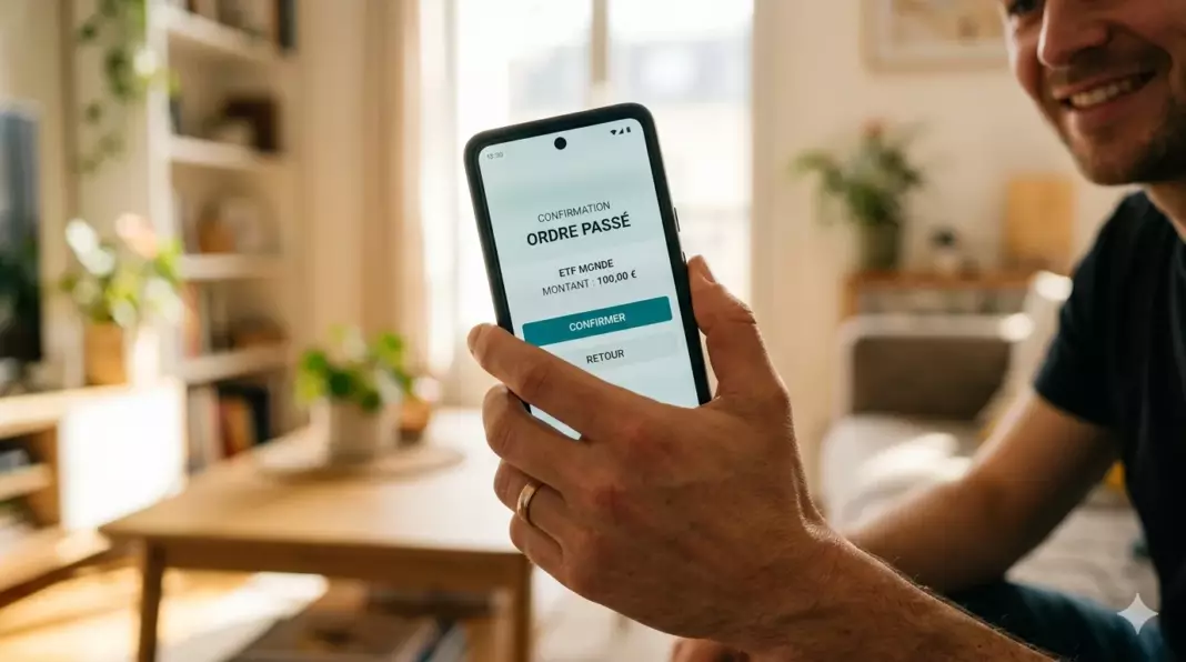 investir petit capital : smartphone affichant premier ordre ETF de 100 euros passé