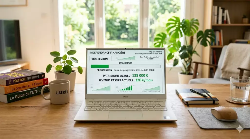 objectif independance financiere 2026 : tableau de bord FIRE montrant pourcentage d'objectif atteint