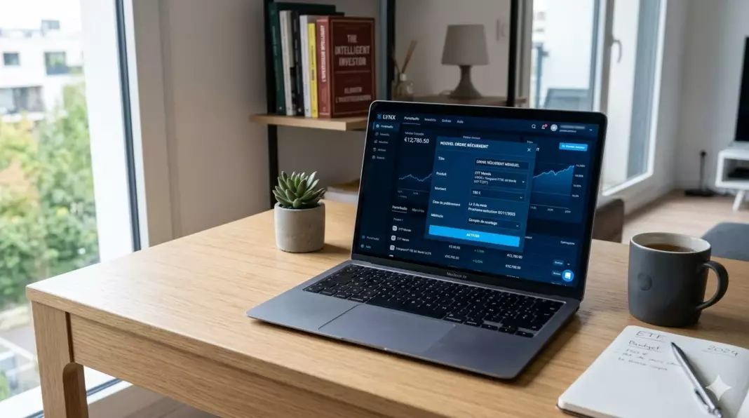plan investissement mensuel automatique : interface broker avec ordre récurrent ETF configuré