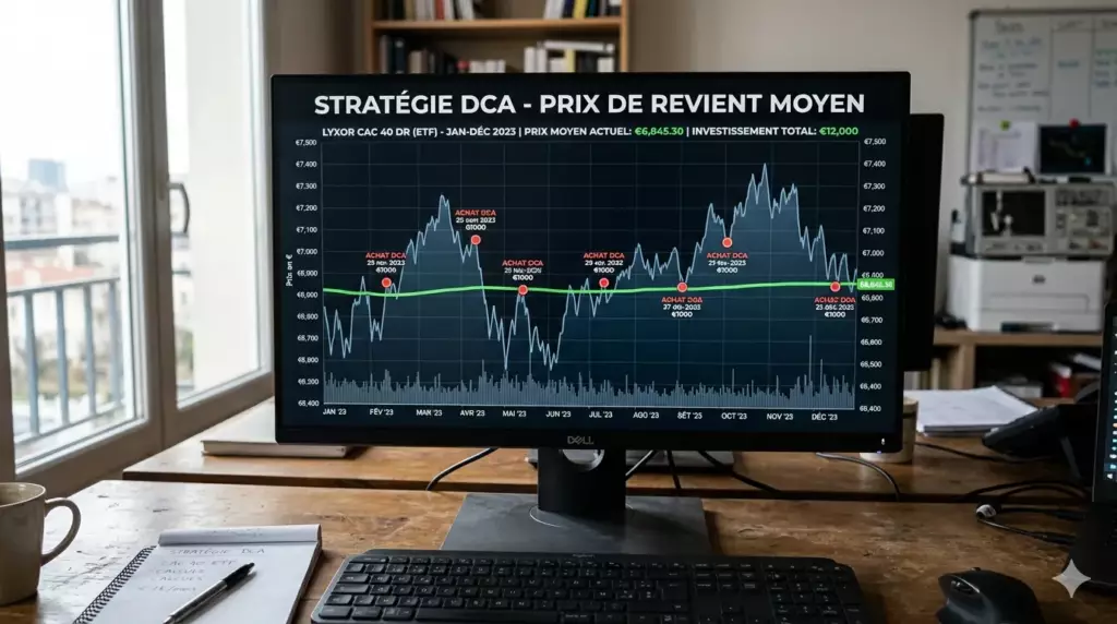 plan investissement mensuel automatique : graphique DCA montrant prix moyens d'achat lissés