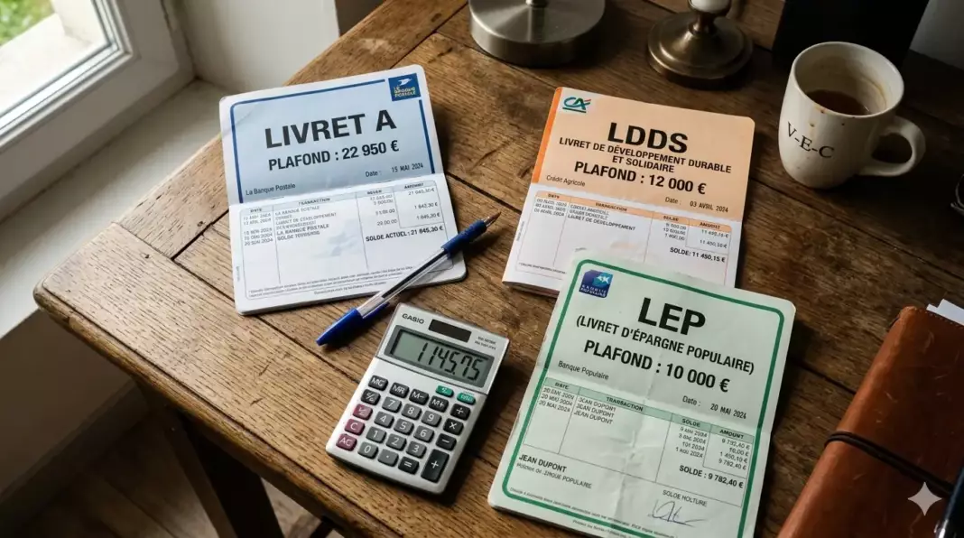 plusieurs livrets epargne : documents de plusieurs livrets bancaires étalés sur bureau
