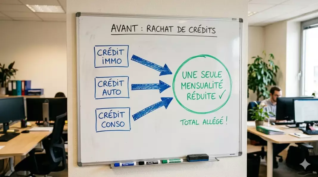 regrouper ses credits calcul : schéma montrant plusieurs crédits regroupés en une mensualité