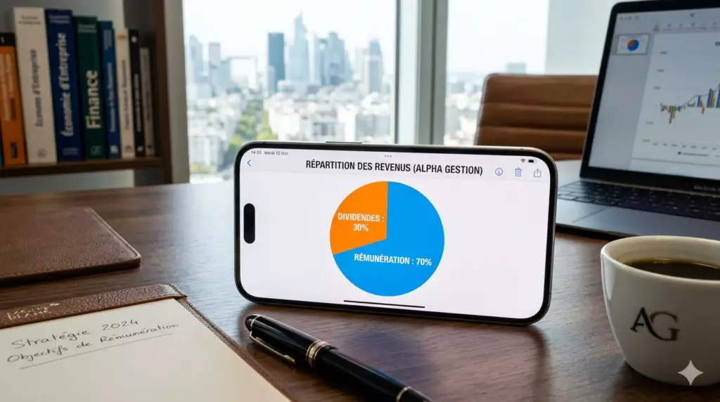 compte pro EURL 2026 : smartphone affichant un graphique de répartition entre dividendes et salaire