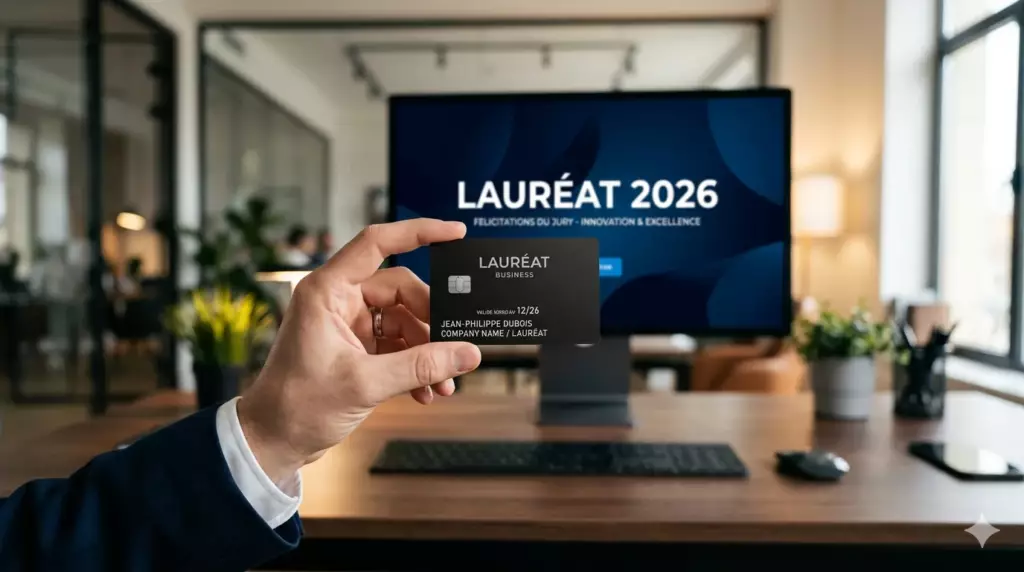 top banque pro en ligne 2026 : une main tenant une carte bancaire business devant un écran affichant numéro 1