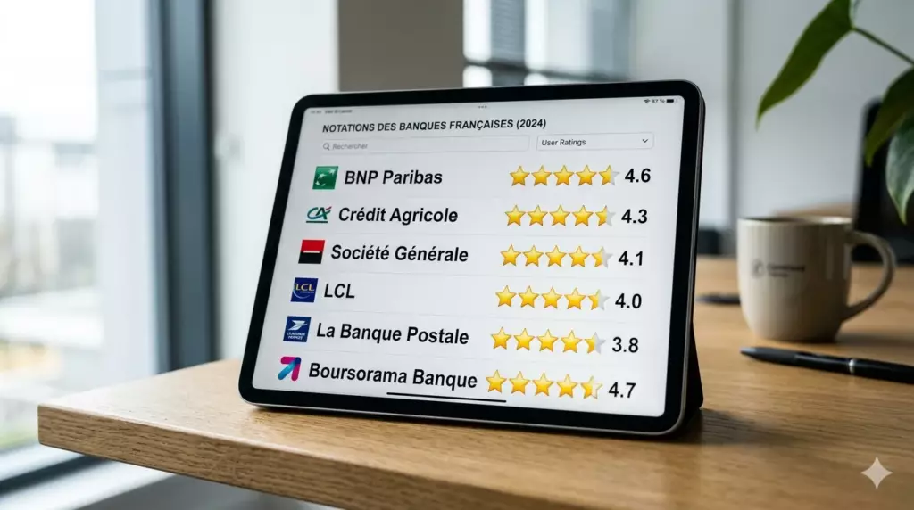 top banque pro en ligne 2026 : tablette affichant des notations par étoiles pour chaque banque