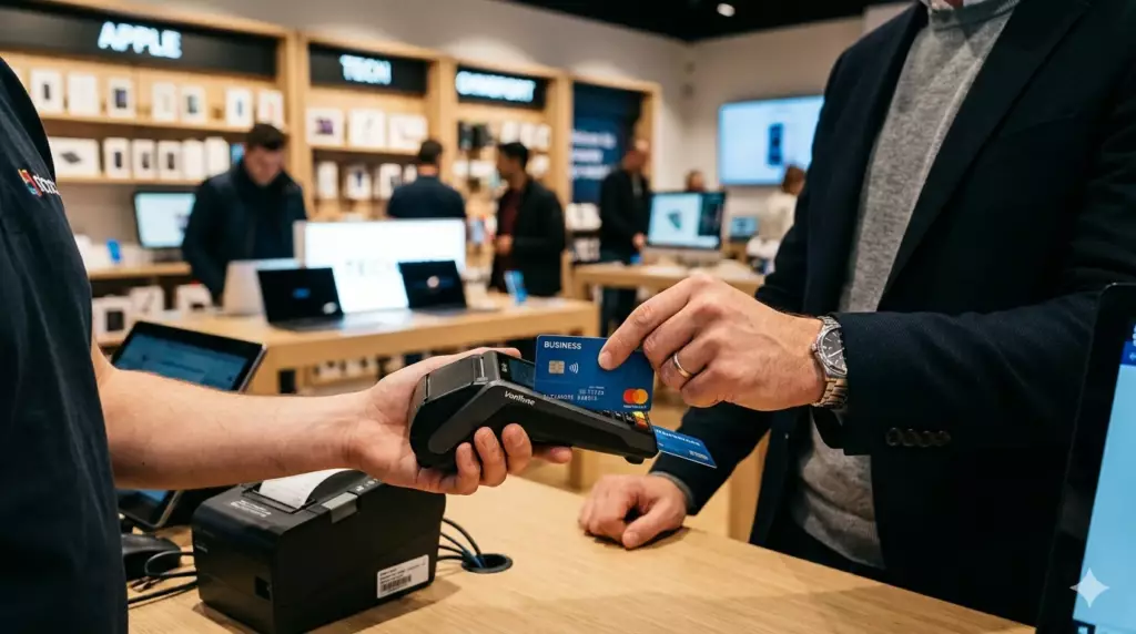 banque pro creation entreprise 2026 : main payant avec une nouvelle carte pro dans un magasin d'informatique