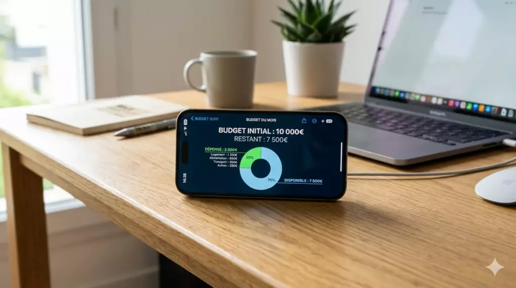 banque pro creation entreprise 2026 : smartphone affichant le budget restant après lancement